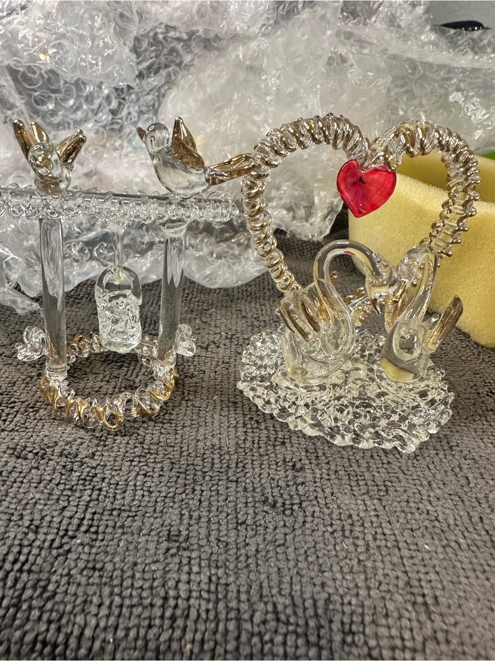 Glass Heart & Bird Figurine Set and wishing well - Clear with Red Accent
